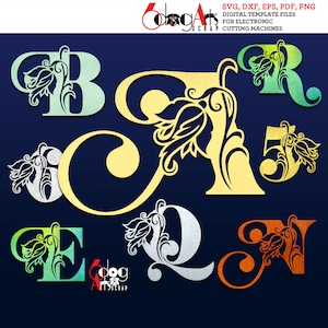 A-Z Flor Monograma Alfabeto Letras y Números SVG DXF Imágenes Digitales Vinilo Metal Papel Corte Cricut cnc Láser Descargar JB-1897