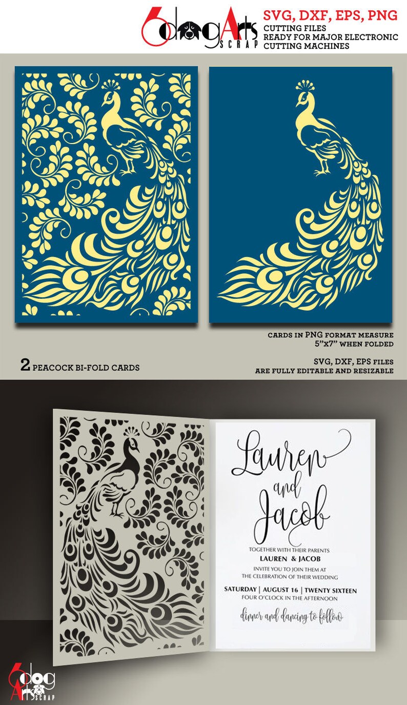 May include: Peacock-themed bi-fold cards with intricate cut-out designs. The cards feature a peacock illustration and floral patterns in yellow and black. The invitation includes the names "Lauren and Jacob" and wedding details.
