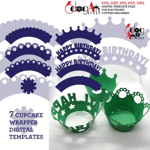 7 plantillas para envoltorios de cupcakes SVG DXF eps pdf Archivos digitales vectoriales Suministros para fiestas láser Silhouette Cricut Manualidades de papel Corte JB-1394