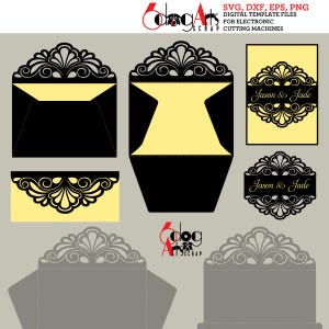 4 スクロール レース カード / 封筒 テンプレート デジタル カット SVG DXF 結婚式招待状文房具 レーザー カット可能 ダウンロード Silhouette Cricut JB-919b