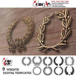 Pode incluir: Nove modelos digitais de grinalda em preto e branco, com duas grinaldas douradas sobre um fundo de madeira. O texto "9 WREATH DIGITAL TEMPLATES" está na parte inferior da imagem.