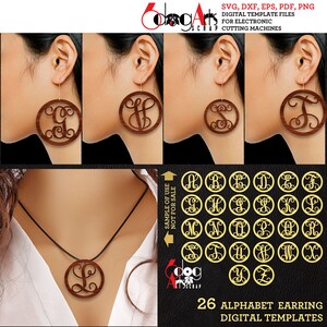 May include: 26 digital templates for alphabet earring designs. The templates feature a circle with a cursive letter inside. The letters are shown in a gold color on a white background. The templates are also shown on a wooden earring and necklace.