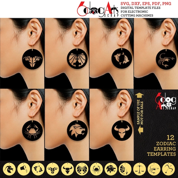 12 Zodiac Horoscope Earring SVG DXF Templates Wood Acrylic Metal Leather Download Vector Digital Files Laser Cricut Plasma Cutting JB-1836