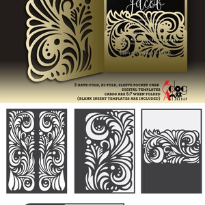 May include: A digital template for a wedding invitation card with a gold and black floral design. The card is a 3-gate fold, bi-fold, sleeve pocket card. The text on the card reads "Lauren and Jacob".