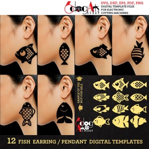 May include: Twelve digital templates for fish earrings or pendants. The templates are in black and gold and feature various fish designs. The text "SAMPLE OF USE NOT FOR SALE" is visible in the image.