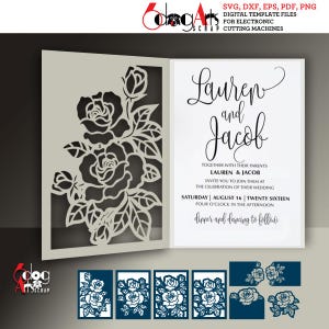 4 cartes d'invitation pliées en deux et 3 modèles de cartes RSVP SVG dxf fichiers numériques vectoriels faire-part de mariage téléchargement laser Silhouette Cricut JB-1281