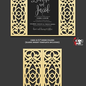 May include: Gold glitter wedding invitation card with a cut-out design. The card is folded in half and features the names "Lauren and Jacob" and the wedding date "Saturday, August 16, Twenty Sixteen".