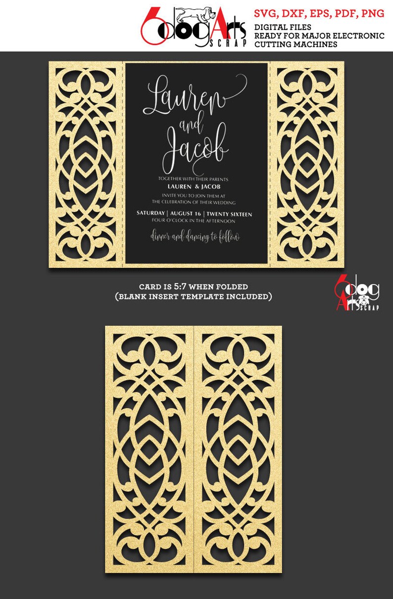 May include: Gold glitter wedding invitation card with a cut-out design. The card is folded in half and features the names "Lauren and Jacob" and the wedding date "Saturday, August 16, Twenty Sixteen".