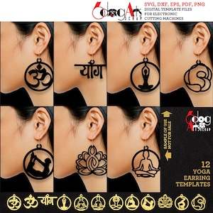 12 modèles de boucles d'oreilles de yoga SVG DXF Bijoux en bois/acrylique/métal à télécharger des fichiers numériques vectoriels Découpe plasma Cricut laser JB-1916