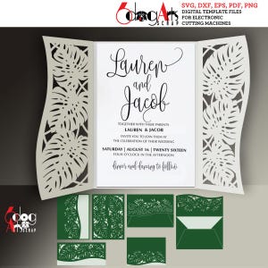 2 Monstera dubbelgevouwen, 1 kaart in drieën gevouwen, 2 enveloppen en RSVP-kaartsjablonen digitale SVG dxf-bestanden bruiloft uitnodiging laser Cricut snijden JB-1368