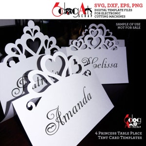 4 plantillas de tarjetas de mesa con corona de tiara de princesa, archivos vectoriales digitales SVG, DXF, silueta, Cricut, GlowForge, corte, descarga JB-1178
