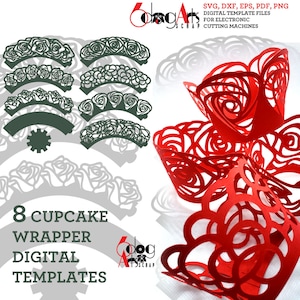 8 plantillas digitales de envoltorios para cupcakes con forma de rosa, archivos SVG, DXF, PDF, EPS, vectores, papel cortado por láser, manualidades, suministros para fiestas JB-1929