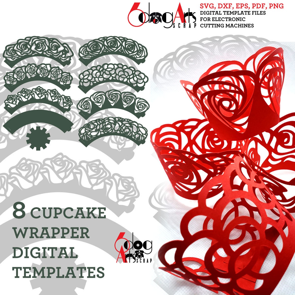 ♧Roseページです♧ 8 Rose Flower Cupcake Wrapper Digital Templates SVG DXF Pdf Eps