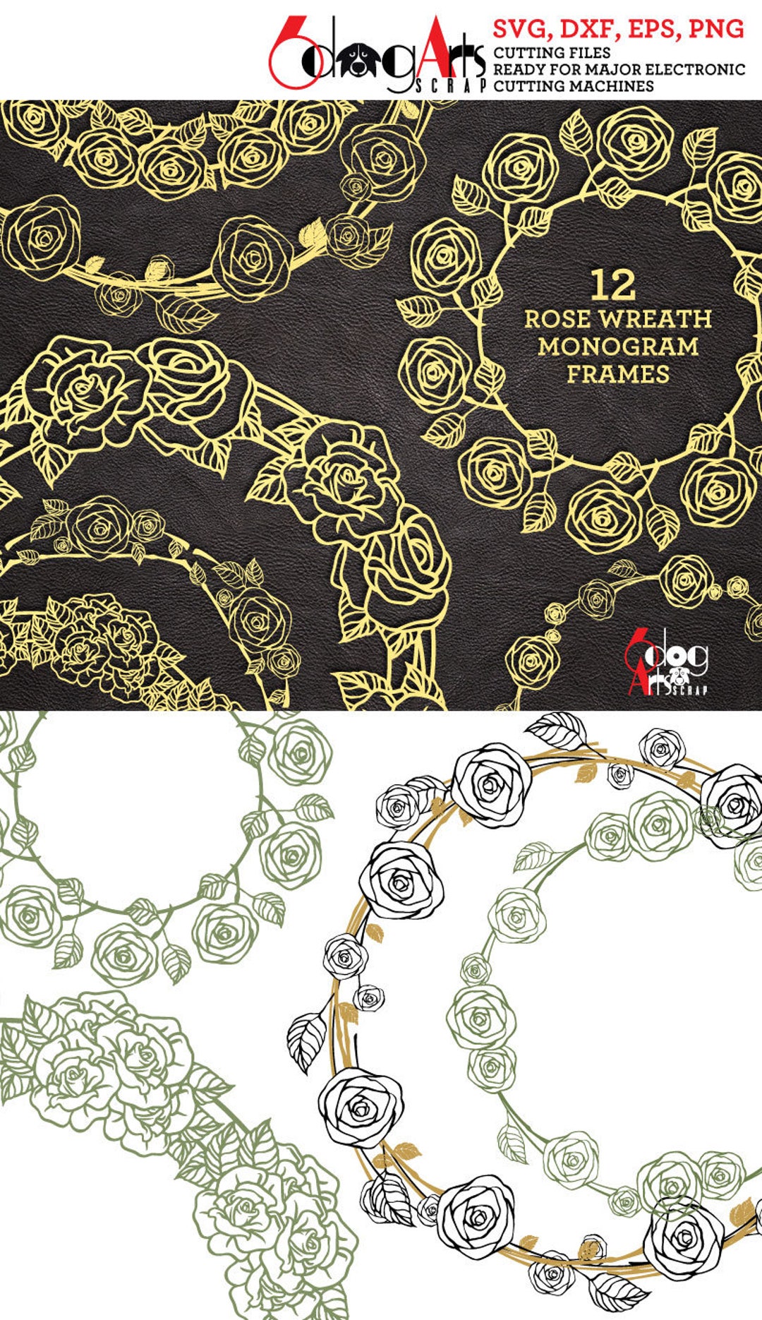 Floral rose wreath circle monogram frame svg dxf pdf cut digital file By  kArtCreation