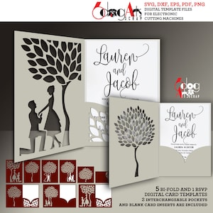 5 verloving huwelijksuitnodiging en RSVP boom kaart sjablonen digitale SVG dxf-bestanden direct downloaden laser silhouet Cricut snijden JB-1491
