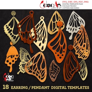 18 Aile de papillon bois/acrylique/métal boucle d'oreille/pendentif modèles Vector fichiers numériques SVG DXF fabrication de bijoux Découpe laser JB-1600