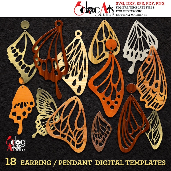 18 Butterfly Wing Wood / Acrylic / Metal Earring / Pendant Templates Vector Digital SVG DXF Files Jewelry Making Laser Cutting JB-1600