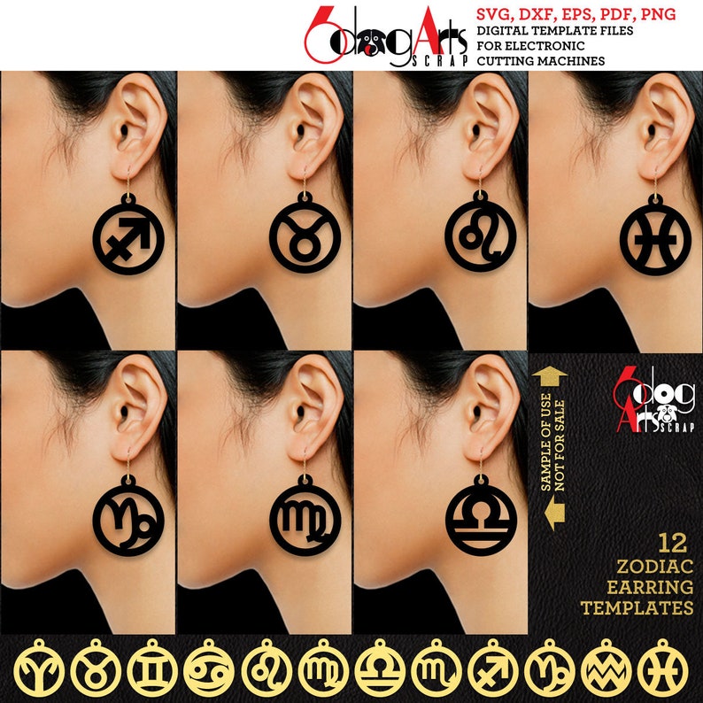 May include: Twelve digital templates for creating zodiac sign earrings. The templates are shown as black cutouts on a white background. The zodiac signs are: Sagittarius, Taurus, Leo, Pisces, Capricorn, Virgo, Libra, Scorpio, Aries, Gemini, Cancer, and Aquarius.