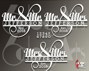 Mariage M. & Mme Split monogramme cadres modèles fichiers numériques vectoriels SVG dxf vinyle transfert verre gravure Cricut LGBT JB-1188