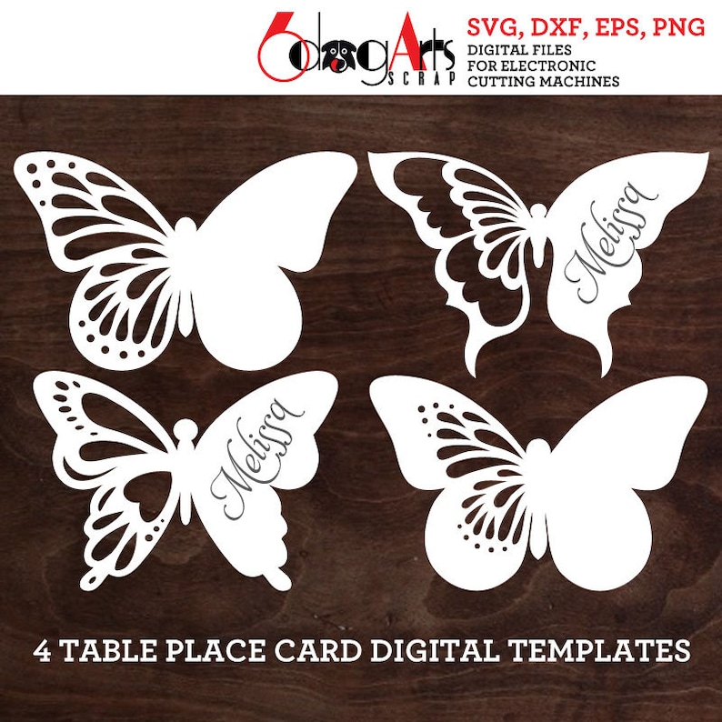 May include: Four white butterfly place card templates with the name Melissa written on each. The templates are designed for electronic cutting machines.