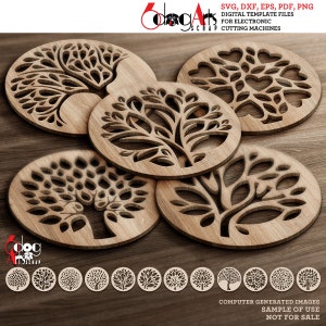 12 Tree Coaster Grill Trivet Templates Vector Digital SVG DXF Files Instant Download cnc Laser GlowForge Cutting Cricut Maker JB-1690