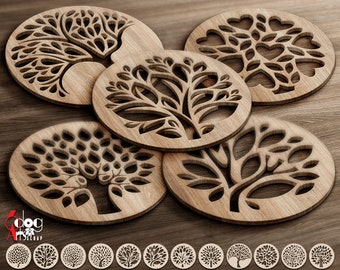 12 Tree Coaster Grill Trivet Templates Vector Digital SVG DXF Files Instant Download cnc Laser GlowForge Cutting Cricut Maker JB-1690