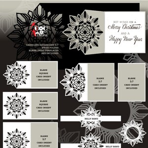 Peut inclure: Fichiers num&eacute;riques SVG, DXF, EPS et PNG pour machines de d&eacute;coupe &eacute;lectroniques. L'image pr&eacute;sente des mod&egrave;les de cartes sur le th&egrave;me des flocons de neige, y compris des tailles carr&eacute;es et 5x7, avec des inserts vierges. Le texte comprend "Meilleurs v&oelig;ux pour un joyeux No&euml;l et une bonne ann&eacute;e."