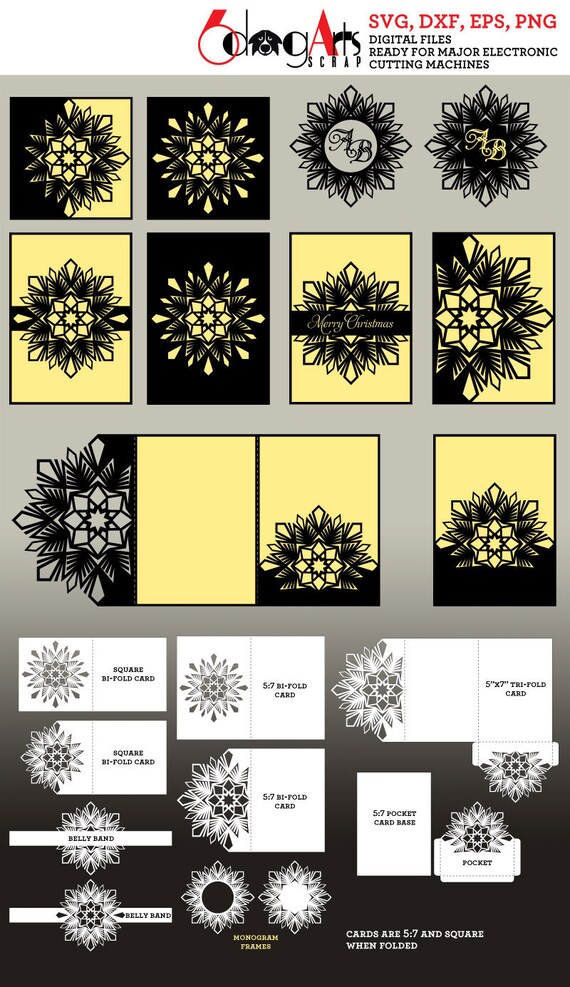 10 Snowflake Christmas Card Templates Digital Cut SVG DXF Wedding Invitation Stationery Laser Cuttable Download Silhouette Cricut JB-927