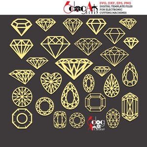 May include: A set of 20 digital cut files featuring various diamond shapes, including hearts, ovals, and squares. The files are in SVG, DXF, EPS, and PNG formats and are suitable for electronic cutting machines.
