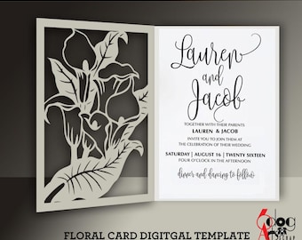 Puede incluir: Una invitación de boda blanca con un diseño floral. La invitación dice "Lauren y Jacob" con la fecha y la hora de la boda. La invitación es una descarga digital y se puede usar para máquinas de corte electrónicas.