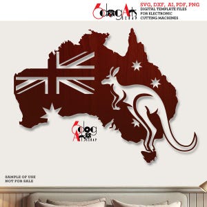 Pode incluir: Uma silhueta vermelha escura da Austrália com a bandeira australiana e um canguru recortado. A imagem inclui o texto "SVG, DXF, AI, PDF, PNG DIGITAL TEMPLATE FILES FOR ELECTRONIC CUTTING MACHINES".