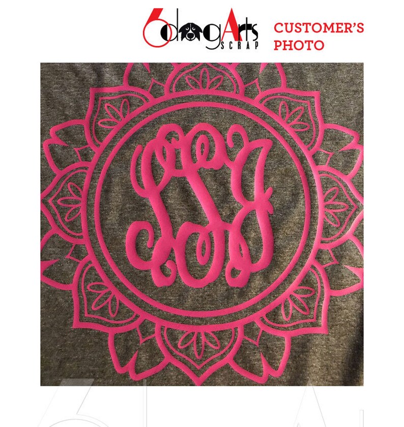 May include: A gray t-shirt with a pink mandala design and a pink monogram in the center. The monogram is the letters "S.S.G."