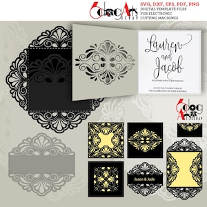 5 Schriftrolle Lace Karte/Umschlag Vorlagen Digitaler Schnitt SVG DXF Hochzeitseinladung Briefpapier Laser Schneidbare Download Silhouette Cricut JB-919c