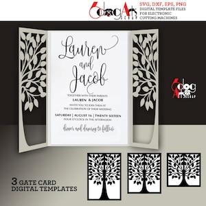 3 modelli di biglietti di invito a nozze con albero a tre ante, taglio digitale SVG DXF, download immediato, fustellatura laser Silhouette Cricut JB-1615
