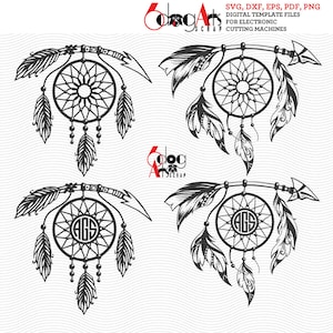 Dream Catcher Monogram Frames SVG DXF eps png Wektorowe pliki cyfrowe Do druku Do pobrania Sitodruk Cięcie Transfer ciepła JB-1165