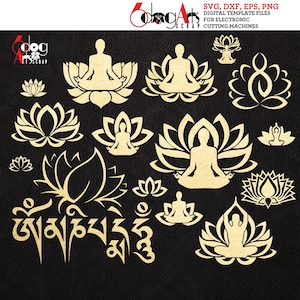 16 file digitali vettoriali di loghi di loto yoga SVG DXF da scaricare, artigianato in vinile, taglio silhouette, Cricut, CNC, laser, plasma, JB-1065