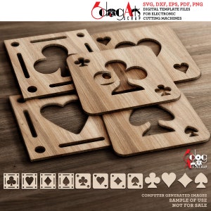 May include: Four wooden squares with cutouts of the four suits of playing cards: hearts, diamonds, clubs, and spades. The squares are stacked on top of each other. Below the squares are eight smaller squares with the same cutouts, but without the wooden background.