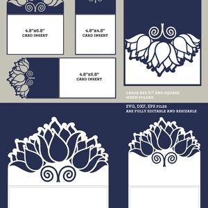 May include: A digital template for a laser cut card with a floral design. The card is 5.7 inches square when folded and includes three different card insert sizes: 4.8 inches by 6.8 inches, 4.8 inches by 4.8 inches, and 4.8 inches by 6.8 inches. The template is available in SVG, DXF, EPS, and PNG formats.