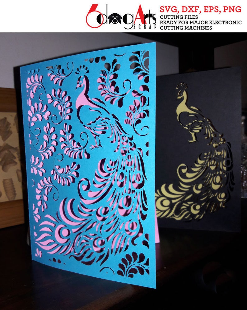 May include: Two laser-cut peacock greeting cards. One is turquoise with pink accents, the other is black with gold accents. The cards feature intricate feather and floral designs. Text on the top reads "SVG, DXF, EPS, PNG CUTTING FILES READY FOR MAJOR ELECTRONIC CUTTING MACHINES."