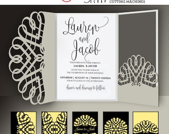 5 Scroll Lace Card / Envelope Templates Digital Cut SVG DXF Wedding Invitation Stationery Laser Cuttable Download Silhouette Cricut JB-906a