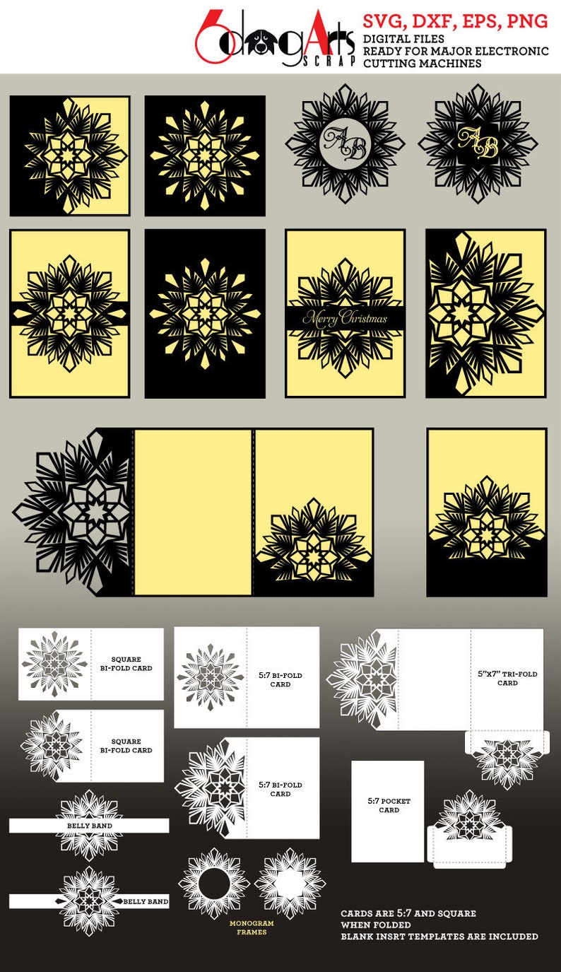 May include: Digital files for electronic cutting machines. The image shows various card designs with snowflake patterns, including bi-fold, tri-fold, and pocket cards. The designs are in black and white, with some cards featuring the text "Merry Christmas".