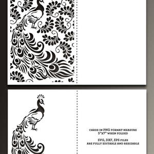 May include: Black and white peacock design on a folded card. The card features a detailed peacock illustration with a flowing tail and decorative patterns. Text on the card indicates it is for cutting machines and measures 5x7 inches when folded.