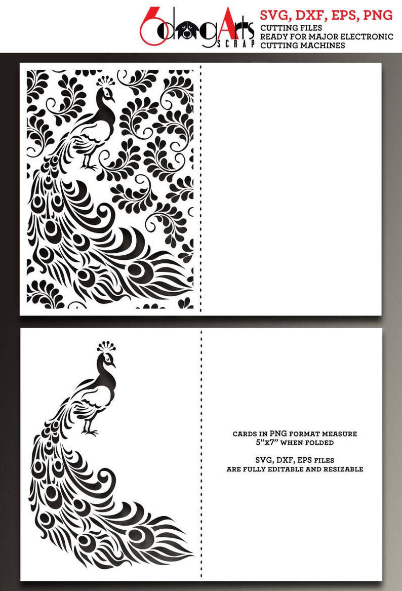 May include: Black and white peacock design on a folded card. The card features a detailed peacock illustration with a flowing tail and decorative patterns. Text on the card indicates it is for cutting machines and measures 5x7 inches when folded.