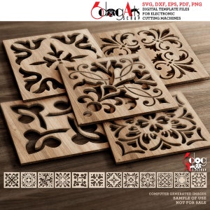 Puede incluir: Cinco azulejos de madera con intrincados diseños recortados, que presentan patrones florales y geométricos. Los azulejos están apilados uno encima del otro, mostrando los intrincados detalles de cada diseño. Los azulejos están etiquetados como "CagArts Scrap" y "SVG, DXF, EPS, PDF, PNG Archivos de plantilla digital para máquinas de corte electrónicas".