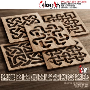Peut inclure: Quatre carrés en bois avec des motifs complexes de nœuds celtiques découpés. Les carrés sont empilés les uns sur les autres. En dessous des carrés, neuf motifs de nœuds celtiques plus petits en noir et blanc.