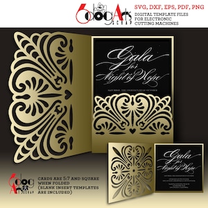 Puede incluir: Una plantilla de invitación cortada con láser en oro y negro para un evento de gala. La invitación dice "Gala for Night of Hope" e incluye la fecha "Sábado, dieciocho de octubre".