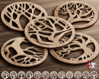 12 modèles de dessous de plat en forme d'arbre sous-verre, fichiers numériques SVG DXF vectoriels, téléchargement immédiat, découpe laser cnc, Cricut Maker JB-1703