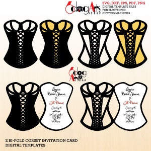 Könnte beinhalten: Zwei zweifach gefaltete Einladungskarten in Form eines Korsetts in Schwarzweiß mit dem Text "Lingerie Bridal Shower for Jill Brown January 8th 7pm 43 Appley Ave RSVP to Wilma" auf der Vorderseite.