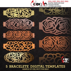 Puede incluir: Cinco plantillas digitales para pulseras con un diseño de rosa. Las plantillas son de varios colores, incluyendo oro, cobre y marrón. El texto "5 BRACELETE DIGITAL TEMPLATES" y "SAMPLE OF USE, NOT FOR SALE" está en la parte inferior de la imagen.