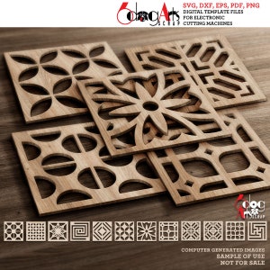 May include: A set of eight digital cut files for electronic cutting machines. The files feature geometric designs with intricate patterns. The designs are shown on a wooden surface.